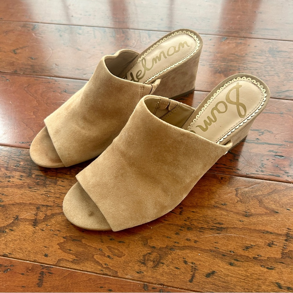 Sam Edelman 8 Tan Brown Mauve Soft Suede Block Heels Wedge Mules Women